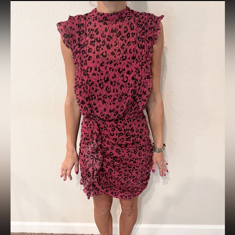 All Saints Pink Leopard Assymetrical Ruffle Dress US 4 - Picture 3 of 13